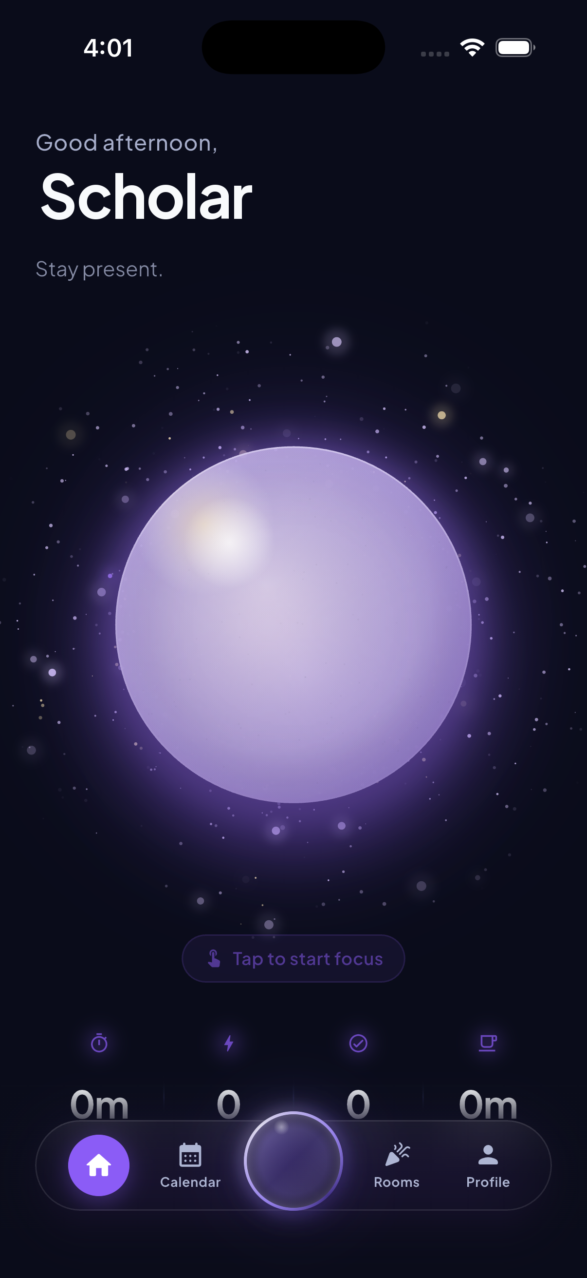 The Focal home screen with a glowing focus orb